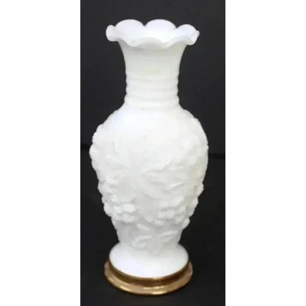 Vintage MILK Glass GRAPE Leafs Pattern Milk Glass Bud Vase Marked Gold Trim Base